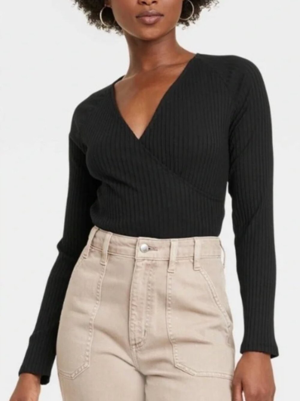 Universal Thread Long Sleeve Ribbed Faux Wrap Top in black size medium